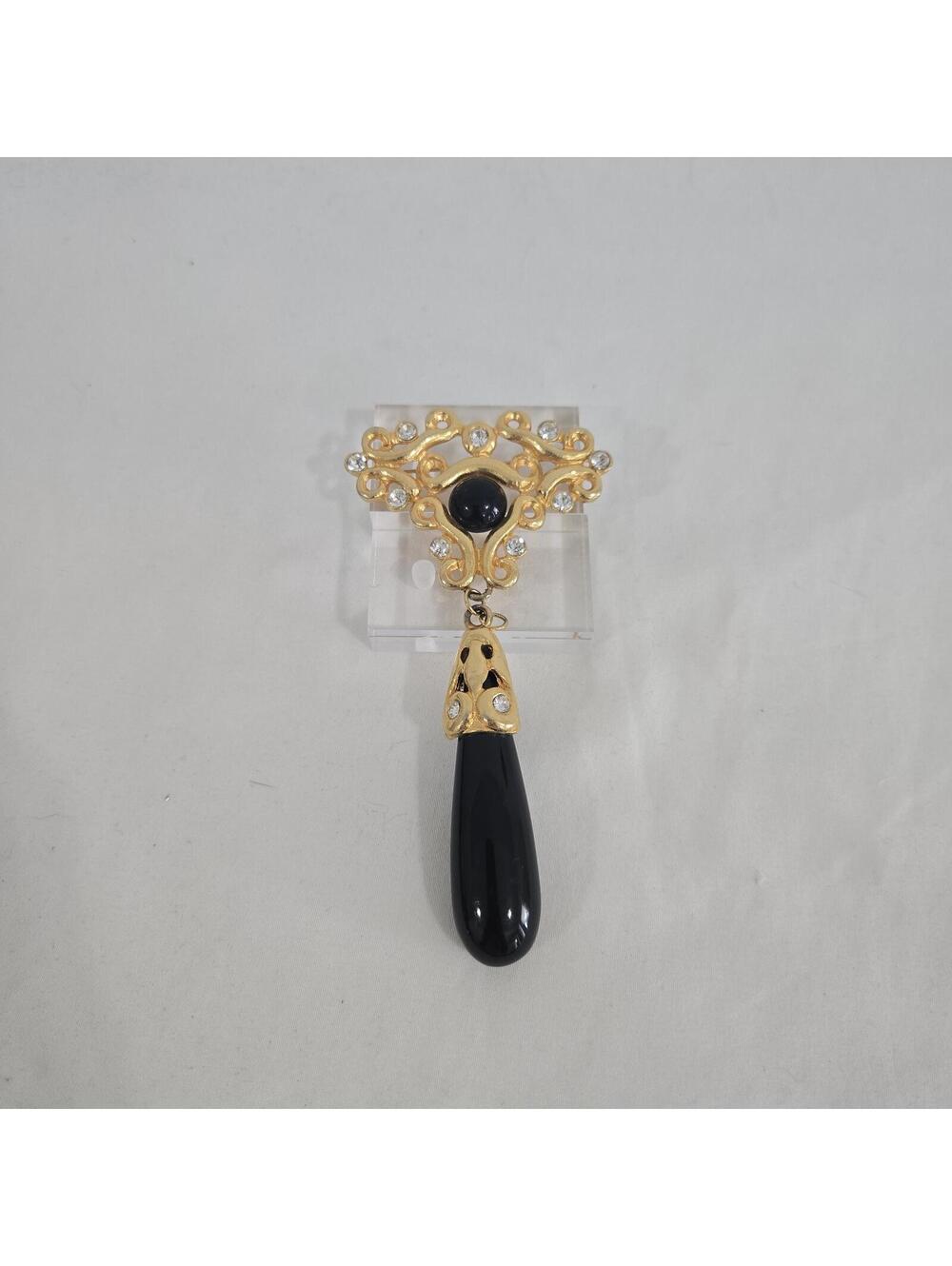 Craft Teardrop Dangle Brooch Gold Tone Scroll Rhinestone Vintage Statement Pin